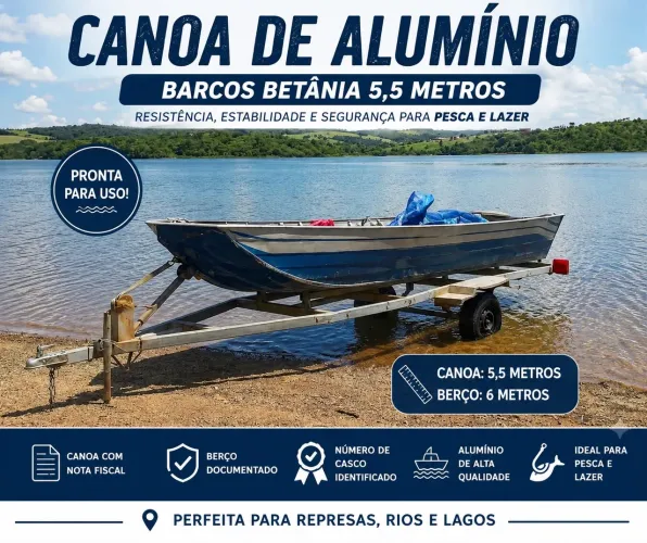 CANOA DE ALUMÍNIO BARCOS BETÂNIA 5,5 METROS + BERÇO DOCUMENTADO