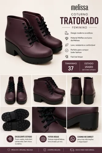 Coturno Melissa Tratorado Original Bordô Nº 37 - Excelente Estado