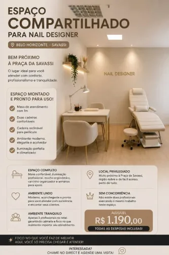 ESPAÇO COMPARTILHADO PARA NAIL DESIGNER PERTINHO DA PRAÇA DA SAVASSI