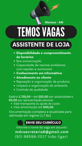 Vaga Assistente/Operador(a) de Loja