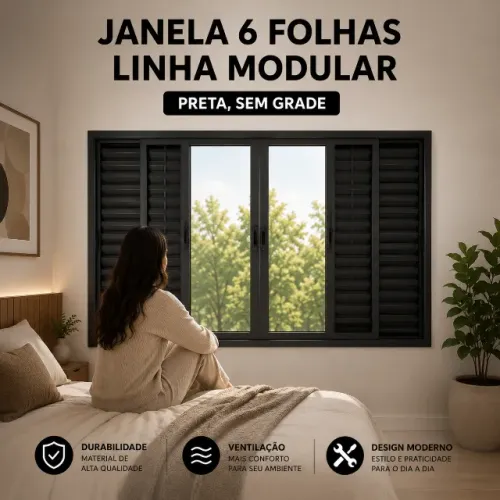 Janela de Alumínio 6 Folhas Preta Modular | Moderna e Ventilada