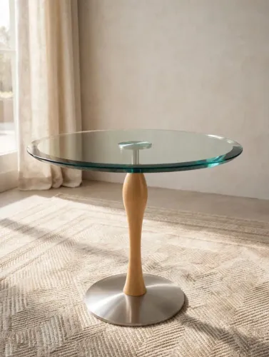 Mesa Lateral Redonda Vidro Bisotado - Base Tulipa Madeira e Inox - Estilo Moderno
