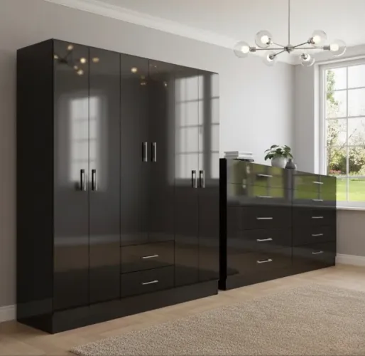 Conjunto Quarto Casal Essencial Guarda-Roupa 6 Portas e Cômoda 10 Gavetas Preto