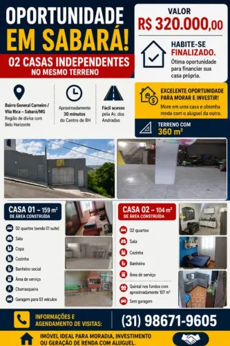 FINANCIA! 02 CASAS INDEPENDENTES R$320 MIL AS DUAS .HABITE-SE FINALIZADO