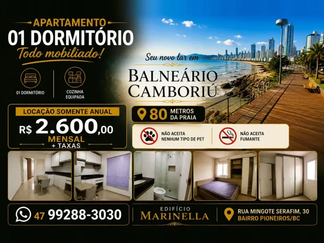 Apto 01 Dormitório Locação Anual Direto com Proprietário Apartamento 80 metros do Mar