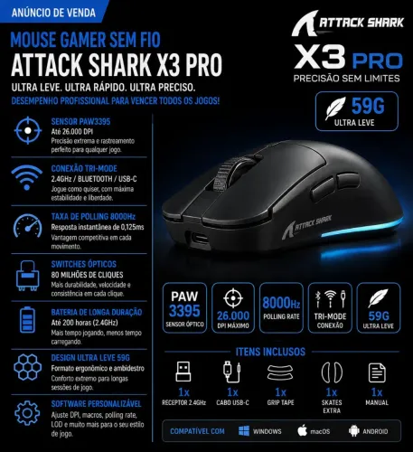 MOUSE GAMER ATTACK SHARK X3 PRO - Cor preto  