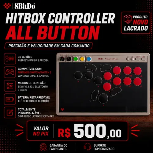 Controle Arcade Sem Fio 8BitDo All-Button para Switch 1/2 e Windows