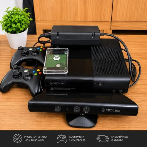 Xbox 360 Super Slim Desbloqueado + Kinect + 2 Controles + 80 Jogos