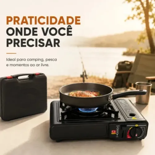 Fogão Portátil A Gás 1 Boca Camping Pesca Automático C/ Maleta Acendimento Automatico