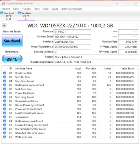 hd notebook sata western digiral WD saudável 1tb