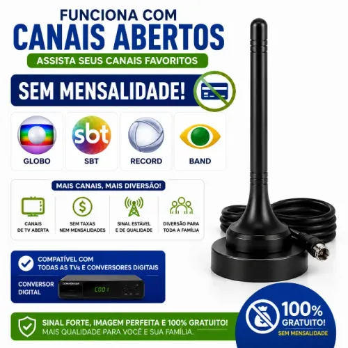 Antena Digital HDTV Interna Externa Cabo 5m Base Magnética UHF VHF TV Smart