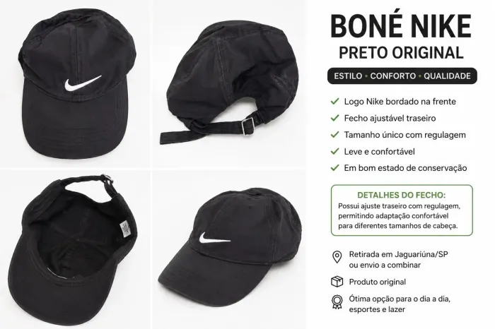 ? Boné Nike preto, modelo esportivo e leve.
