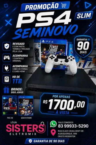 PlayStation 4 slim HD 1t seminovo com 1 controle e 2 jogos 