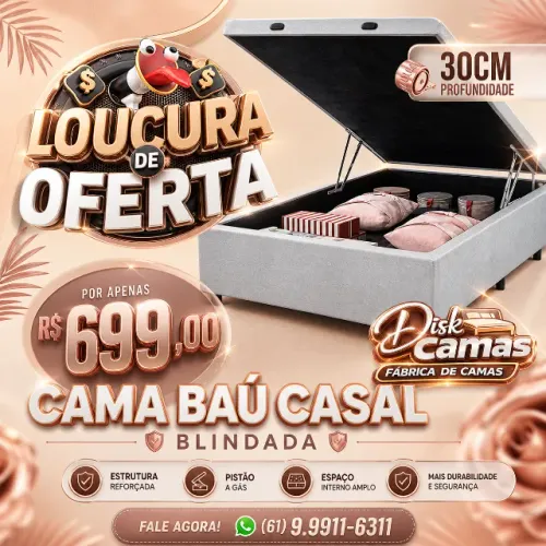 Cama Casal Baú 138x188x45 com Profundidade de 30cm - Por apenas - R$699,00