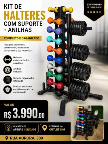 Kit de Halteres Emborrachados com Suporte + Anilhas - Seminovo