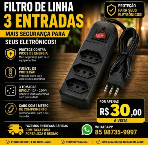 Filtro de Linha 3 Tomadas com Proteção Contra Surtos e Chave Liga/Desliga - R$ 30