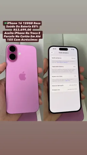 iPhone 16 128GB Rosa | Saúde Da Bateria 88% (Usado)