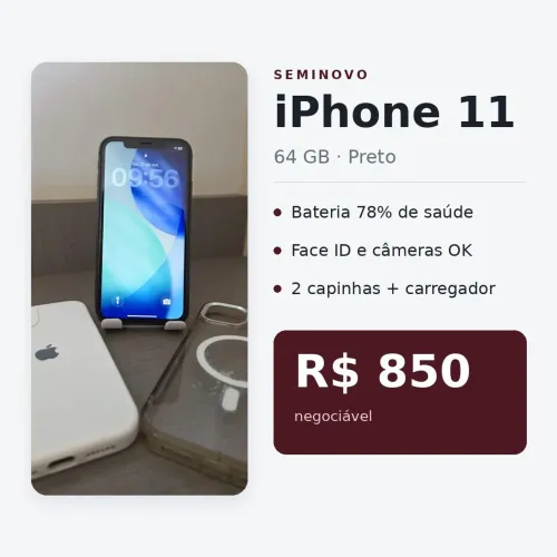 iPhone 11 64GB Preto - Bateria 78% - Com 2 capinhas e carregador