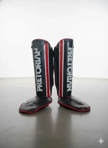 Caneleira Pretorian Muay Thai Kickboxing Preta e Vermelha Original Usada Descascando