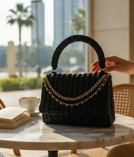 Bolsa Feminina preta Artesanal em Fio de Malha - Corrente Dourada