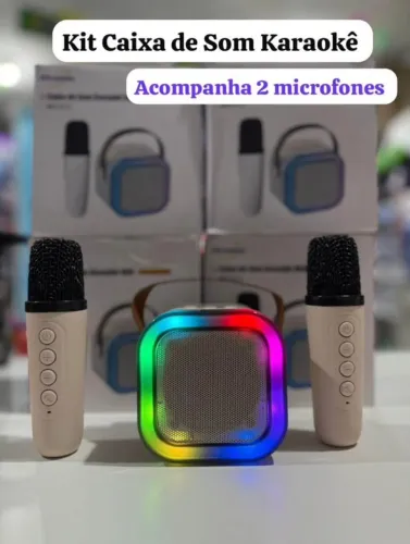 Kit Karaokê Bluetooth com 2 Microfones Sem Fio e Caixa de Som RGB
