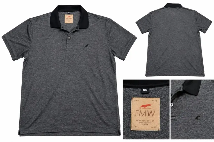 Camisa Polo FMW Masculina GG Cinza Mescla com Gola Preta