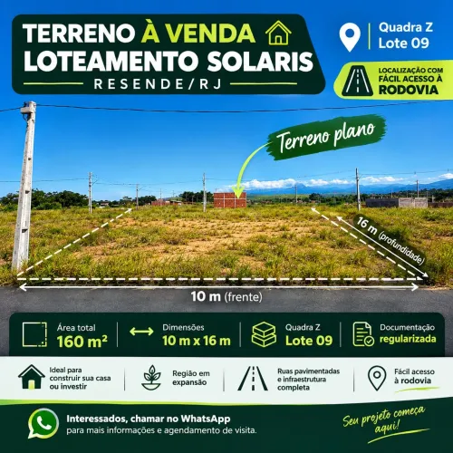 TERRENO PLANO 160M² À VENDA NO LOTEAMENTO SOLARIS - RESENDE/RJ | 10x16