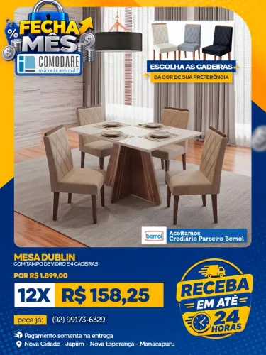 Mesa Dublin com 4 Cadeiras e Tampo de Vidro - R$ 1.899,00