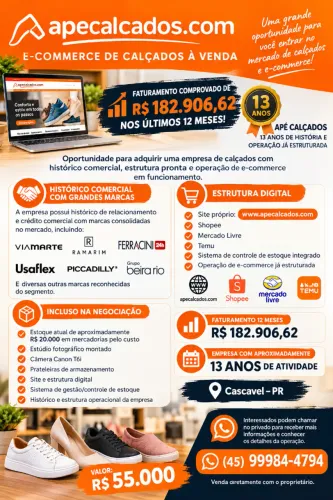 ? E-COMMERCE DE CALÇADOS À VENDA ? R$ 55.000