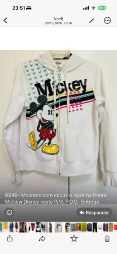Moletom com capuz e zíper na frente Mickey/ Disney veste P/M.