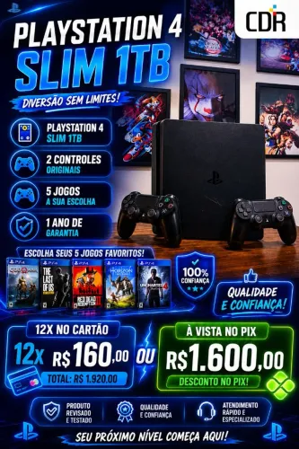PS4 Slim 1TB Seminovo com 2 controles + 5 jogos e 1 Ano de garantia 