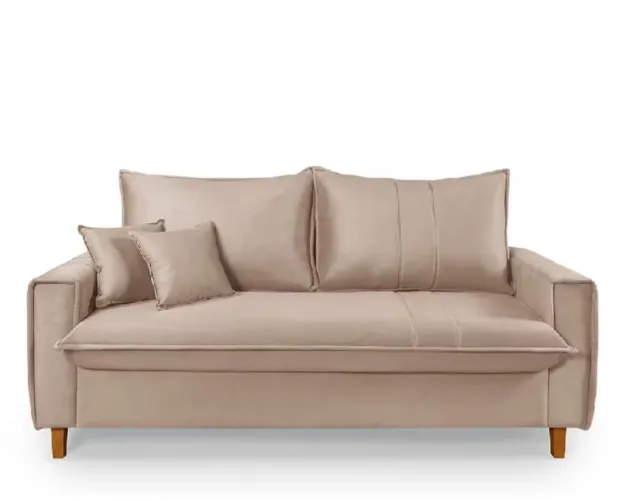 Sofá Living com Bau Multiuso 3 Lugares Suede Pés em Madeira