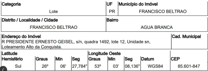 Imóvel selecionado Terreno no Agua Branca, Francisco Beltrao - PR, Nº 00, 337,25m² | Leil