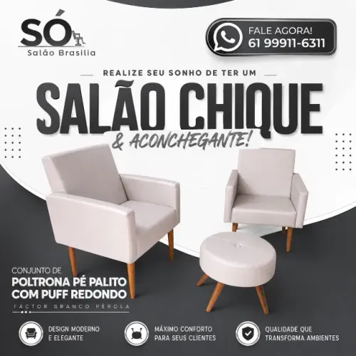 Conjunto Poltrona Pé Palito com Puff Redondo Branco Pérola | Poltrona para Recepção  