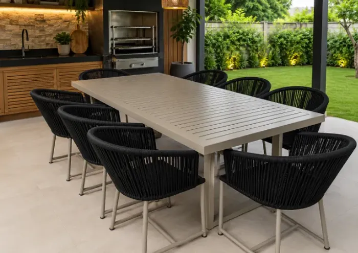 Mesa área gourmet com cadeiras em corda náutica
