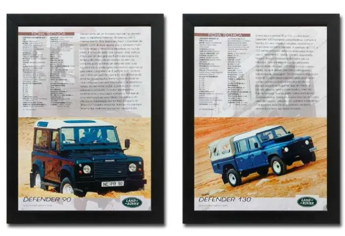 Land Rover Defender - Kit 2 quadros decorativos com fichas técnicas