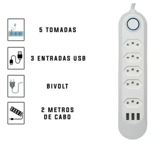 Régua filtro de linha 2 metros 5 tomadas e usb