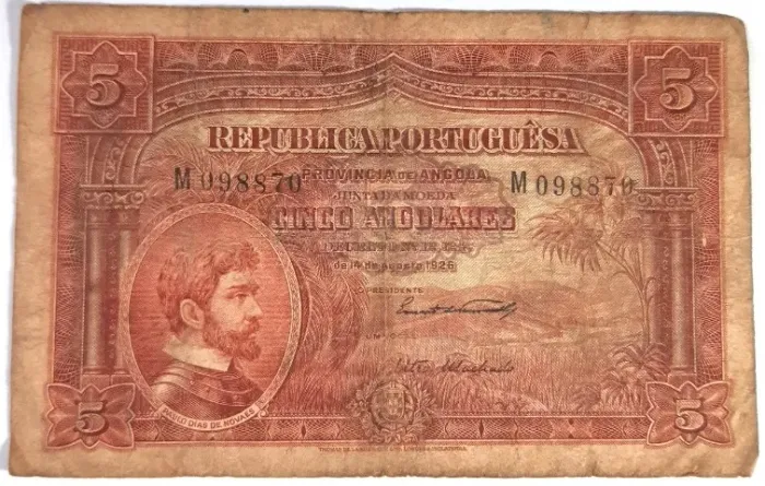 Cédula Cinco angolares-República portuguêsa- província de Angola 