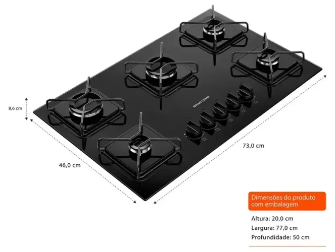 Cooktop 5 Bocas a Gás Brastemp GLP Preto Superautomático