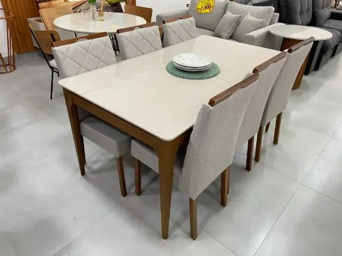 Mesa de Jantar 1,60m com Pés Maciços em Tauari e 6 Cadeiras