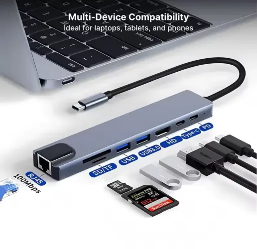 Adaptador de Hub USB Tipo C para Macbook Notebook, 8 em 1