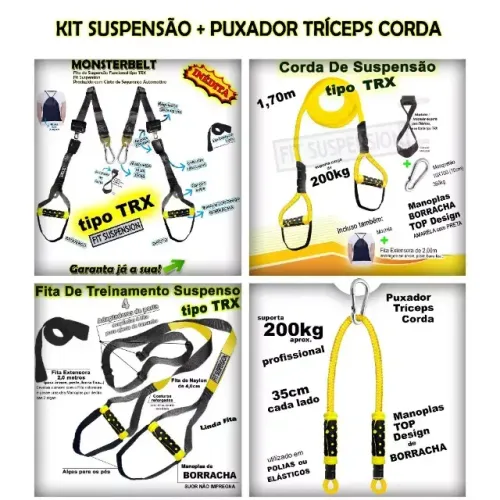 Kit Treino Suspensão Funcional tipo TRX Academia com 2 Fitas Ajustáveis + Corda Fixa Desli