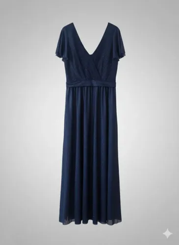 Vestido de festa longo, azul marinho, tule com brilho, tamanho G - Marca Cristine