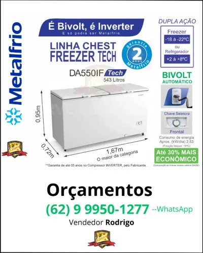 Freezer Horizontal Dupla Ação linha Tech INVERTER, BIVOLT Metalfrio (543 litros) garantia 
