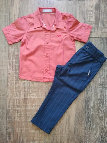 Conjunto Gira Baby Camisa Laranja e Calça Social Risca - Tamanho 1 (Usado)