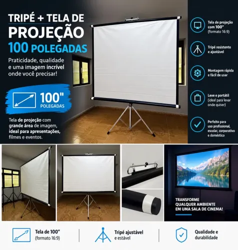 TELA DE PROJEÇÃO 100? + TRIPÉ 50% OFF