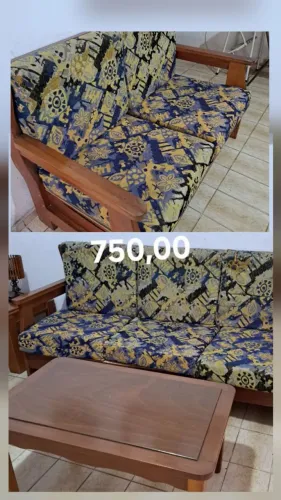 Vendo Jogo de sofás de madeira Maciça 2 e 3 lugares +mesa de centro .Preço: 750,00
