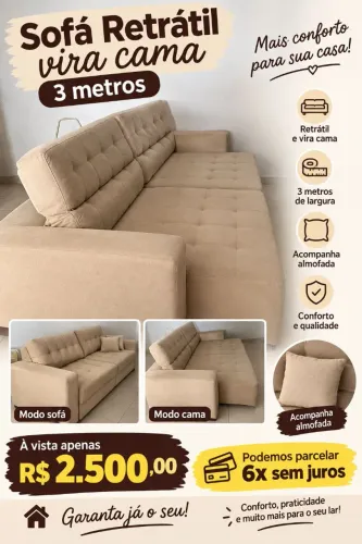 Sofá  Retrátil 3 Mts , vira cama