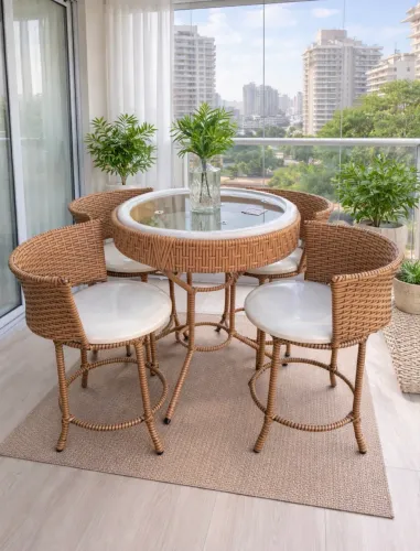 Mesa bistrô cozinha banqueta fibra junco vime sacada varanda jardim 