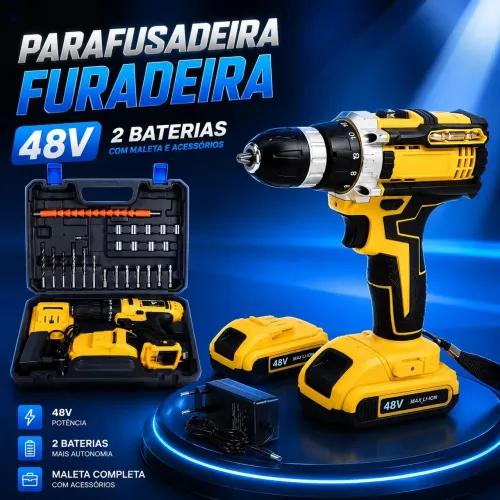 Parafusadeira furadeira 48V 2 baterias com maleta e acessórios completo